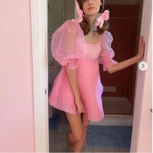 NEW $294 Selkie Pink Polka Dot The Flirt Puff Sleeve Dress